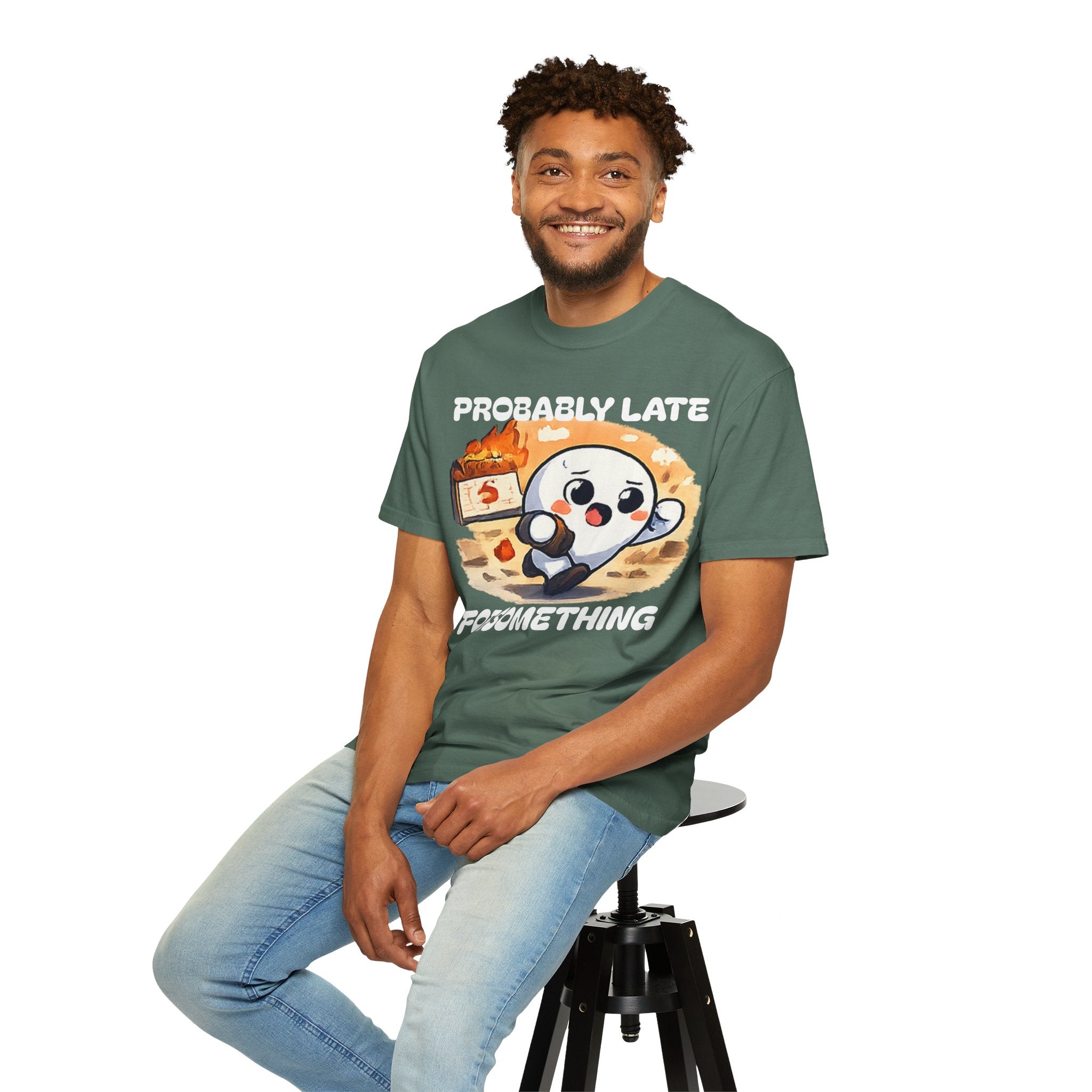 Probably Late For Something Dumpling Tee — Funny Running Character T-Shirt