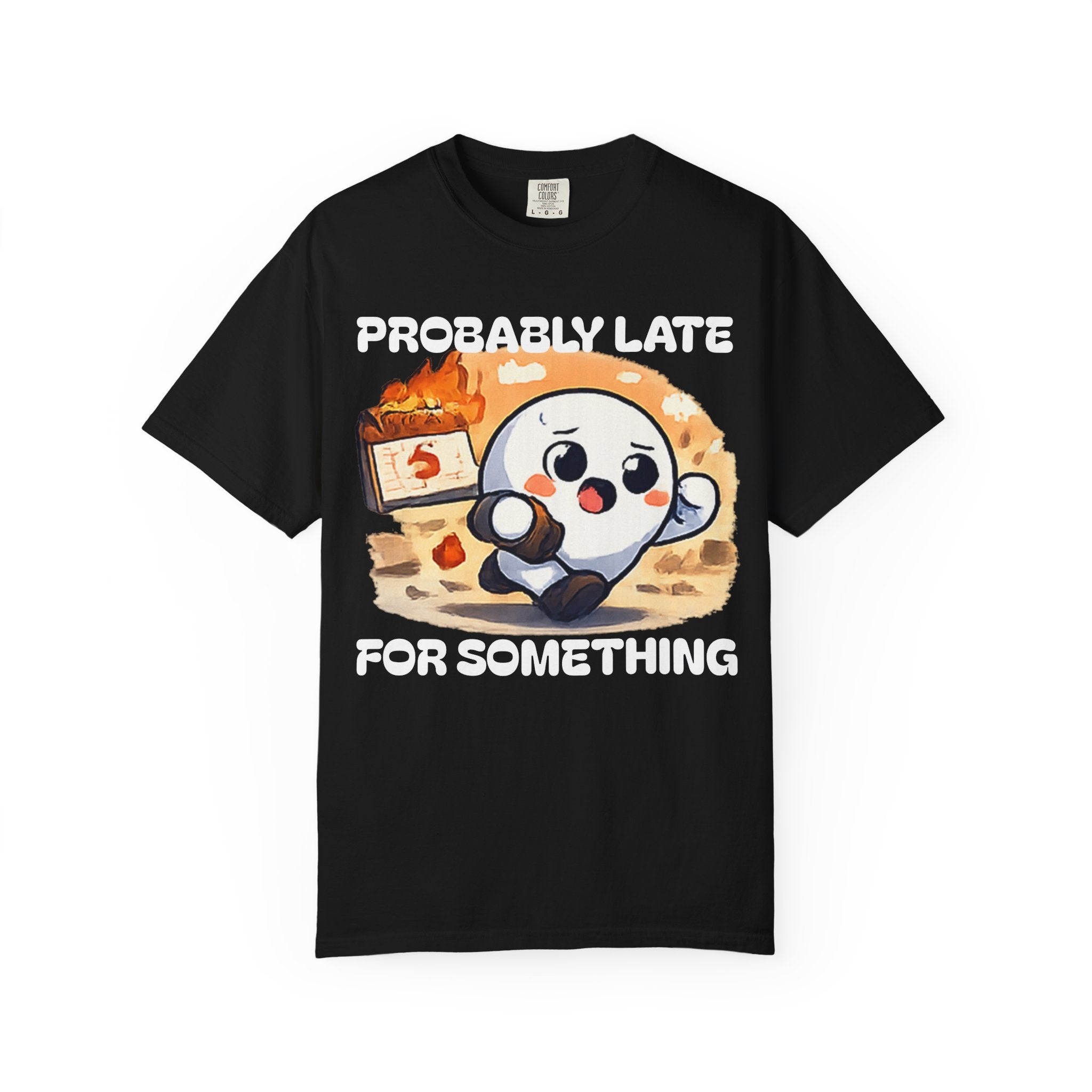 Probably Late For Something Dumpling Tee — Funny Running Character T-Shirt