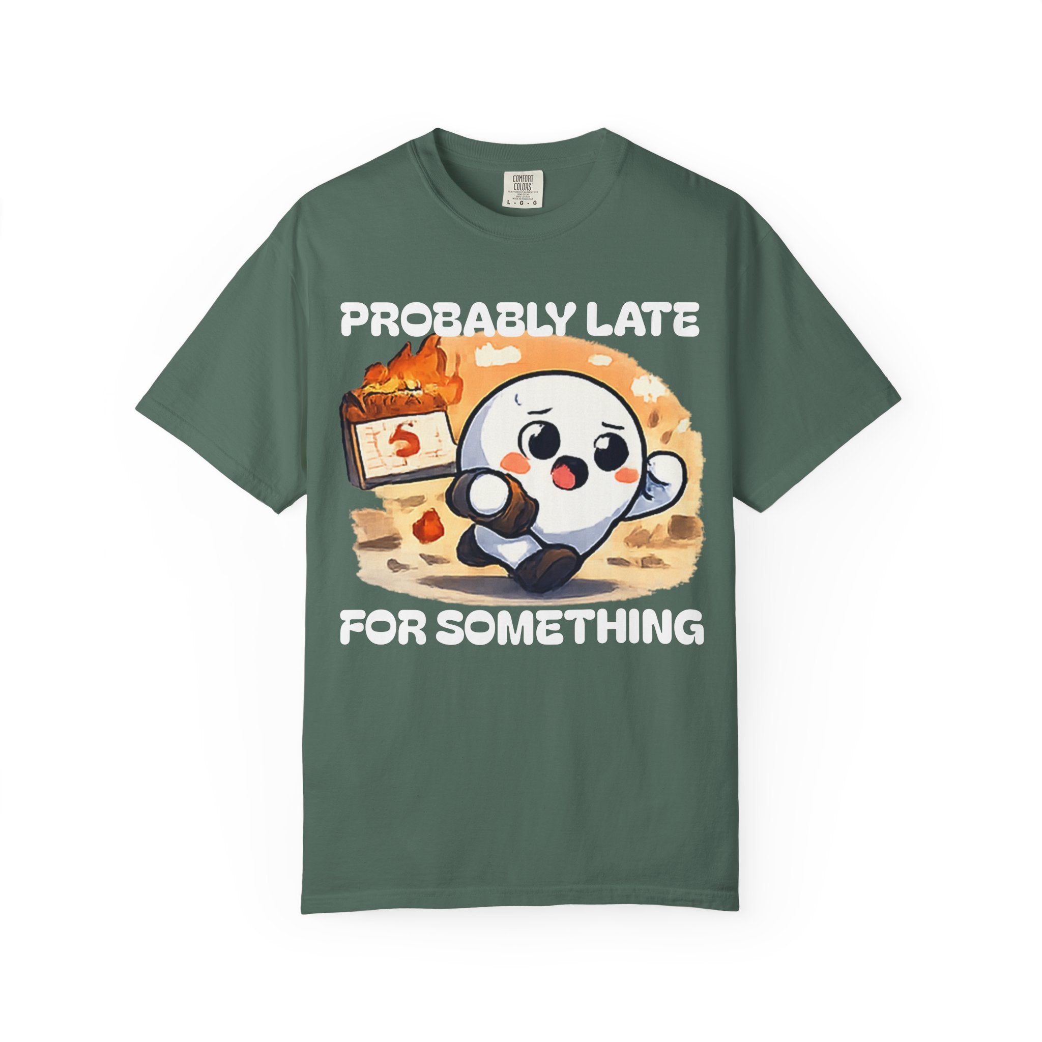 Probably Late For Something Dumpling Tee — Funny Running Character T-Shirt
