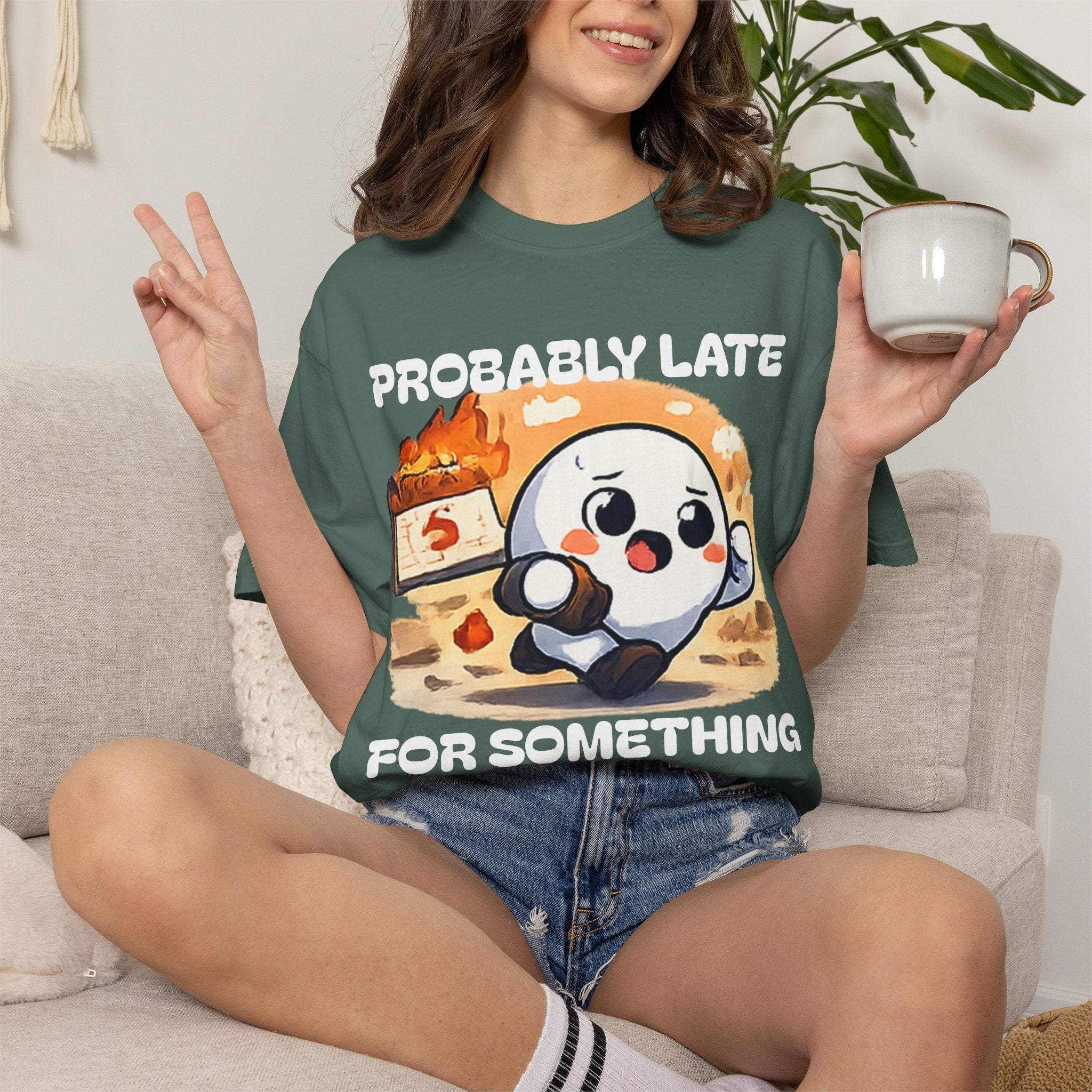 Probably Late For Something Dumpling Tee — Funny Running Character T-Shirt