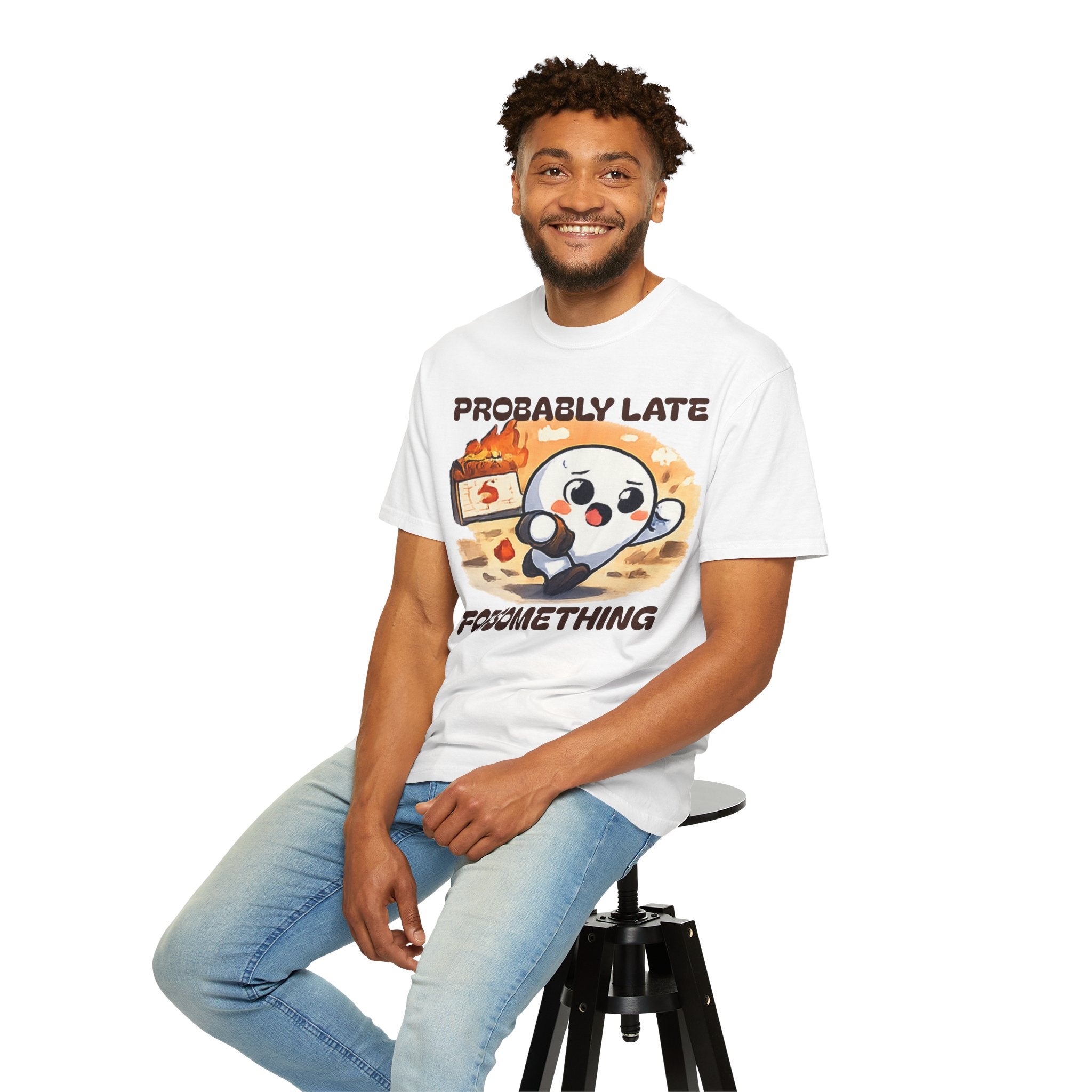 Probably Late For Something Dumpling Tee — Funny Running Character T-Shirt